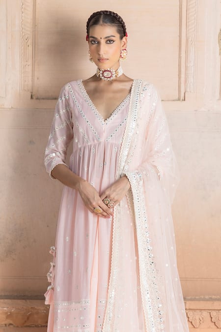Preevin Pink Cotton, Net, Tulle Mirrors, Embroidery Floral Jaal Kurta Lehenga Set Online at Aza Fashions Preevin_Pink Cotton, Net, Tulle Mirrors, Embroidery Floral Jaal Kurta Lehenga Set _Online_at_Aza_Fashions