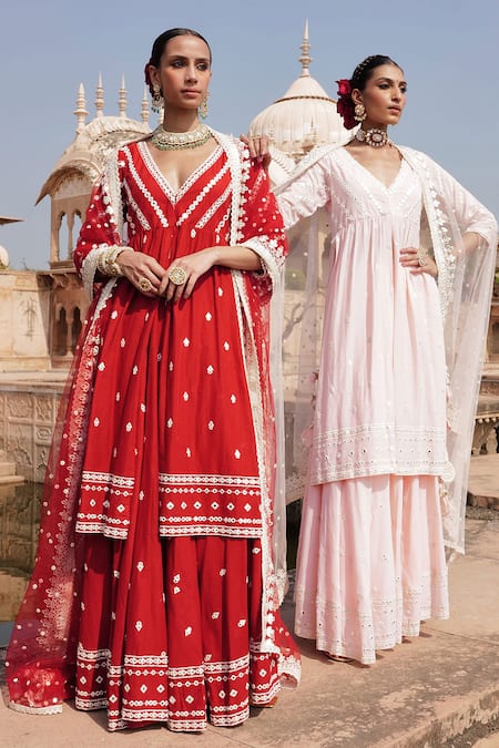 Buy Preevin Pink Cotton, Net, Tulle Mirrors, Embroidery Floral Jaal Kurta Lehenga Set Online at Aza Fashions Buy_Preevin_Pink Cotton, Net, Tulle Mirrors, Embroidery Floral Jaal Kurta Lehenga Set _Online_at_Aza_Fashions