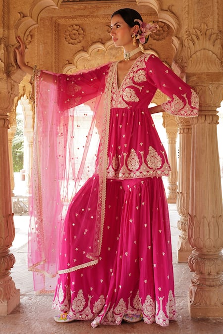 PREEVIN Pink Peplum Kurta And Sharara Cotton Mulmul Mirrorwork Embellished Floral Set 