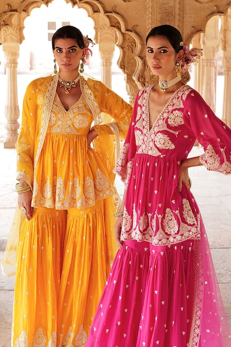 Preevin Mirrorwork Embellished Floral Peplum Kurta Sharara Set 