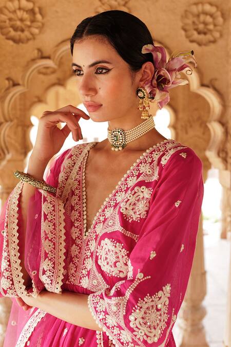 Preevin Pink Cotton, Net, Tulle Mirrorwork Embellished Floral Peplum Kurta Sharara Set Online at Aza Fashions Preevin_Pink Cotton, Net, Tulle Mirrorwork Embellished Floral Peplum Kurta Sharara Set _Online_at_Aza_Fashions