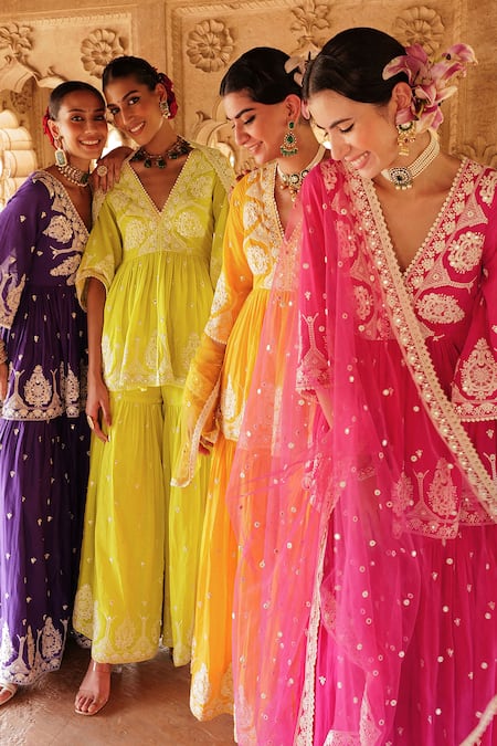 Buy Preevin Pink Cotton, Net, Tulle Mirrorwork Embellished Floral Peplum Kurta Sharara Set Online at Aza Fashions Buy_Preevin_Pink Cotton, Net, Tulle Mirrorwork Embellished Floral Peplum Kurta Sharara Set _Online_at_Aza_Fashions