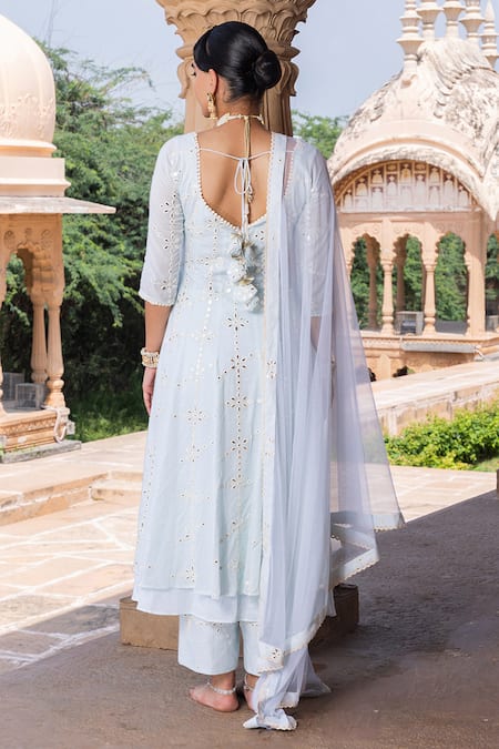 Shop Preevin Blue Cotton, Tulle, Net Mirrors, Floral Embellished Tiered Anarkali Pant Set at Aza Fashions Shop_Preevin_Blue Cotton, Tulle, Net Mirrors, Floral Embellished Tiered Anarkali Pant Set _at_Aza_Fashions