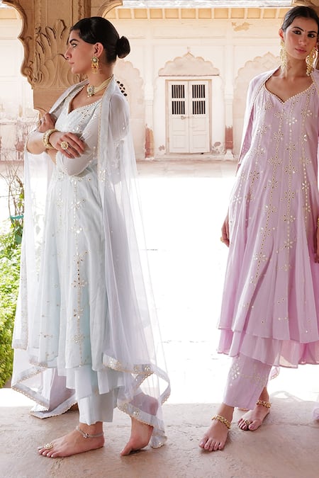 Preevin Blue Cotton, Tulle, Net Mirrors, Floral Embellished Tiered Anarkali Pant Set Online at Aza Fashions Preevin_Blue Cotton, Tulle, Net Mirrors, Floral Embellished Tiered Anarkali Pant Set _Online_at_Aza_Fashions