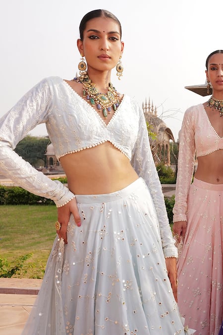 Preevin Floral Jaal Mirrorwork Embroidered Lehenga Set 