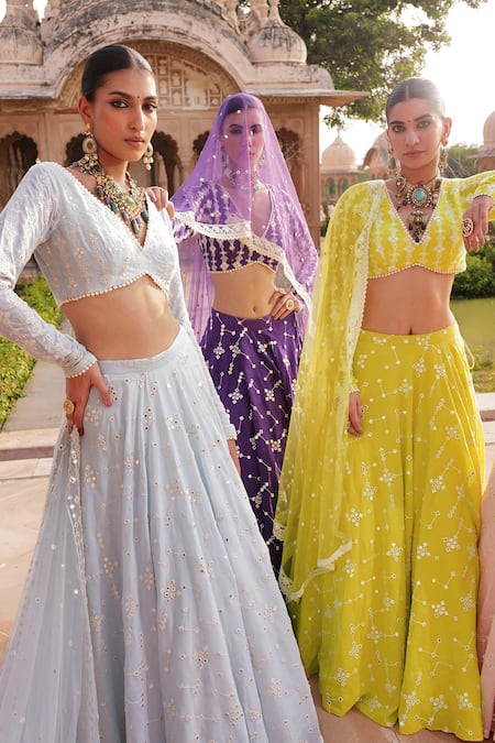 Preevin_Blue Cotton, Tulle Mirrors, Embroidery Floral Jaal Mirrorwork Lehenga Set _Online_at_Aza_Fashions