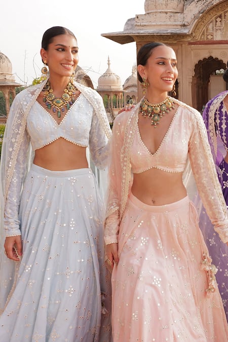 Buy_Preevin_Blue Cotton, Tulle Mirrors, Embroidery Floral Jaal Mirrorwork Lehenga Set _Online_at_Aza_Fashions