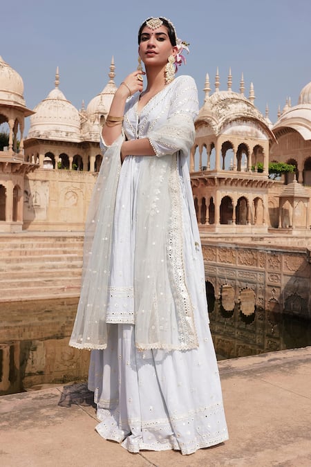Shop Preevin Blue Cotton, Tulle Mirrors, Embroidery Stripe Mirrorwork Kurta Lehenga Set at Aza Fashions Shop_Preevin_Blue Cotton, Tulle Mirrors, Embroidery Stripe Mirrorwork Kurta Lehenga Set _at_Aza_Fashions
