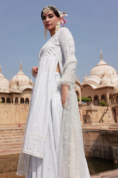 Preevin Blue Cotton, Tulle Mirrors, Embroidery Stripe Mirrorwork Kurta Lehenga Set Online at Aza Fashions Preevin_Blue Cotton, Tulle Mirrors, Embroidery Stripe Mirrorwork Kurta Lehenga Set _Online_at_Aza_Fashions