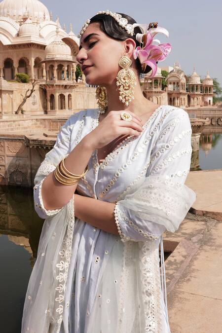 Buy Preevin Blue Cotton, Tulle Mirrors, Embroidery Stripe Mirrorwork Kurta Lehenga Set Online at Aza Fashions Buy_Preevin_Blue Cotton, Tulle Mirrors, Embroidery Stripe Mirrorwork Kurta Lehenga Set _Online_at_Aza_Fashions