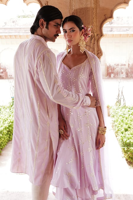 Preevin_Purple Cotton, Tulle, Net Mirrors, Embroidery V-neck Tiered Anarkali Pant Set _Online_at_Aza_Fashions