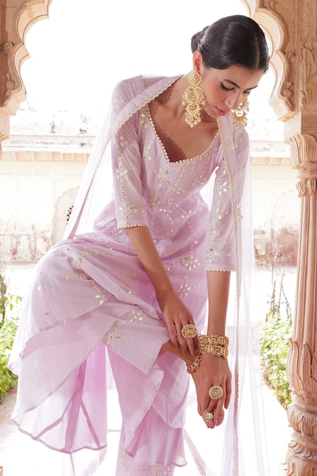 Buy_Preevin_Purple Cotton, Tulle, Net Mirrors, Embroidery V-neck Tiered Anarkali Pant Set _Online_at_Aza_Fashions