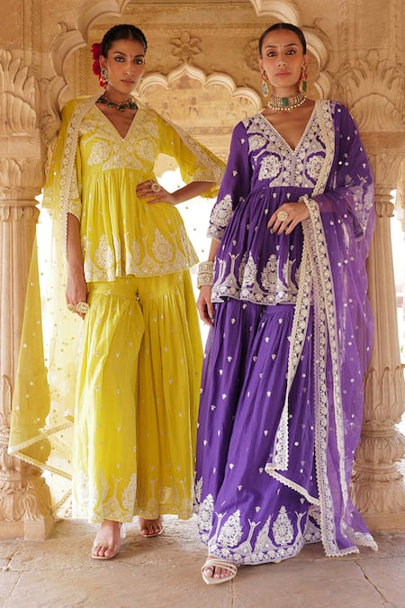 Shop Preevin Green Cotton, Net Embroidery, Mirrors Floral Thread Peplum Kurta Sharara Set at Aza Fashions Shop_Preevin_Green Cotton, Net Embroidery, Mirrors Floral Thread Peplum Kurta Sharara Set _at_Aza_Fashions