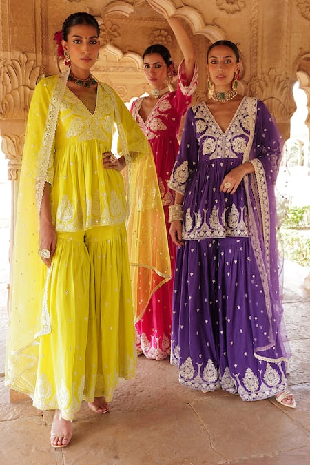 Preevin Green Cotton, Net Embroidery, Mirrors Floral Thread Peplum Kurta Sharara Set Online at Aza Fashions Preevin_Green Cotton, Net Embroidery, Mirrors Floral Thread Peplum Kurta Sharara Set _Online_at_Aza_Fashions