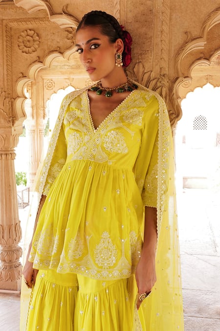 Buy Preevin Green Cotton, Net Embroidery, Mirrors Floral Thread Peplum Kurta Sharara Set Online at Aza Fashions Buy_Preevin_Green Cotton, Net Embroidery, Mirrors Floral Thread Peplum Kurta Sharara Set _Online_at_Aza_Fashions