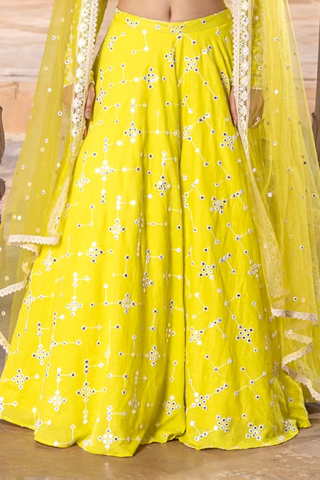 Preevin Green Cotton, Tulle Embroidery, Mirrors V-neck Floral Lehenga Set Online at Aza Fashions Preevin_Green Cotton, Tulle Embroidery, Mirrors V-neck Floral Lehenga Set _Online_at_Aza_Fashions