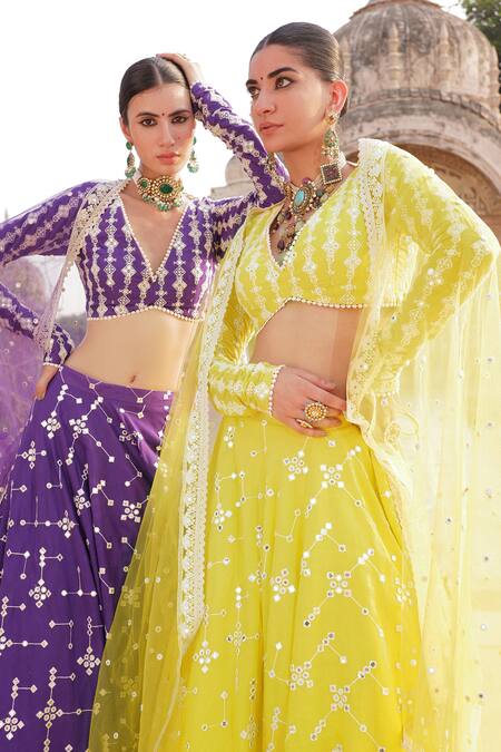 Shop Preevin Green Cotton, Tulle Embroidery, Mirrors V-neck Floral Lehenga Set Online at Aza Fashions Shop_Preevin_Green Cotton, Tulle Embroidery, Mirrors V-neck Floral Lehenga Set _Online_at_Aza_Fashions