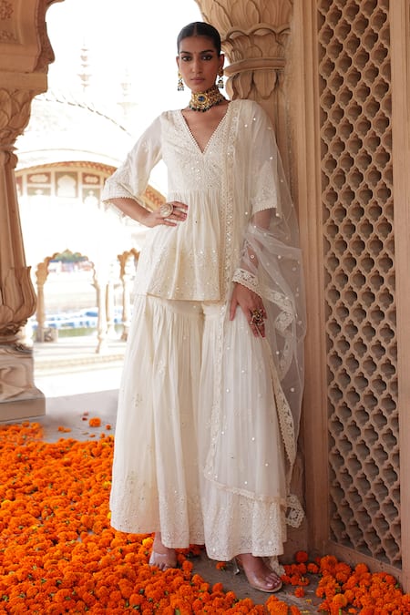 PREEVIN Embroidered Peplum Kurta Sharara Set 