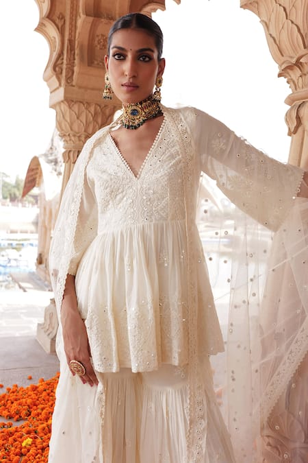 Preevin_Off White Cotton, Chiffon Lace, Embroidery, Mirrors, Peplum Kurta Sharara Set_Online_at_Aza_Fashions