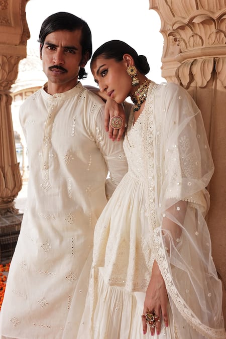 Buy_Preevin_Off White Cotton, Chiffon Lace, Embroidery, Mirrors, Peplum Kurta Sharara Set_Online_at_Aza_Fashions