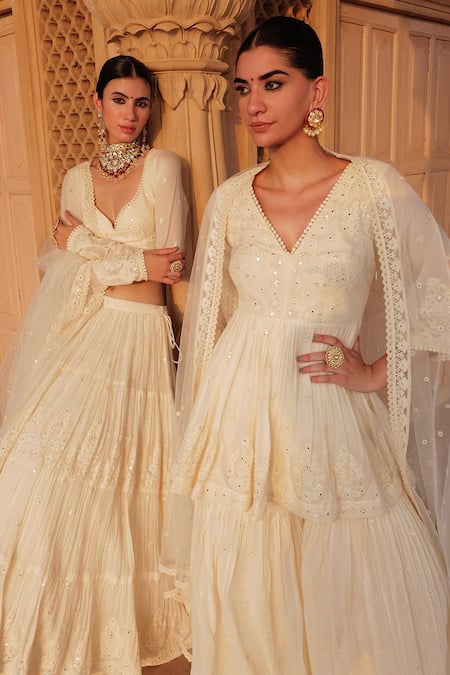 Buy_Preevin_Off White Cotton Lace, Mirrors, Sequins, Thread Peplum Kurta Sharara Set _Online_at_Aza_Fashions
