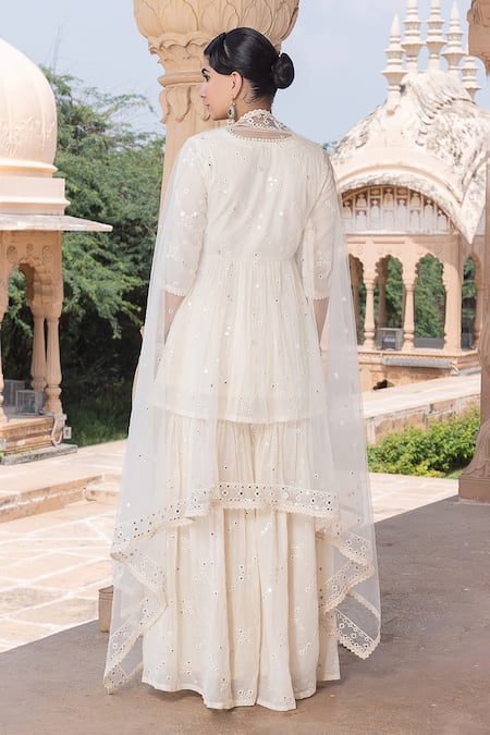 Shop Preevin Off White Tulle, Cotton, Net Lace, Embroidery Thread Angarkha Sharara Set at Aza Fashions Shop_Preevin_Off White Tulle, Cotton, Net Lace, Embroidery Thread Angarkha Sharara Set _at_Aza_Fashions