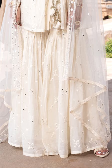 Preevin Off White Tulle, Cotton, Net Lace, Embroidery Thread Angarkha Sharara Set Online at Aza Fashions Preevin_Off White Tulle, Cotton, Net Lace, Embroidery Thread Angarkha Sharara Set _Online_at_Aza_Fashions