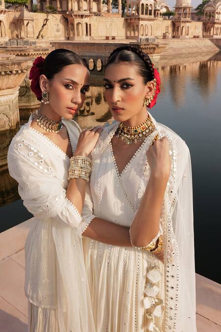 Preevin Off White Tulle, Cotton, Net Lace, Thread Angarkha Anarkali With Dupatta Online at Aza Fashions Preevin_Off White Tulle, Cotton, Net Lace, Thread Angarkha Anarkali With Dupatta _Online_at_Aza_Fashions