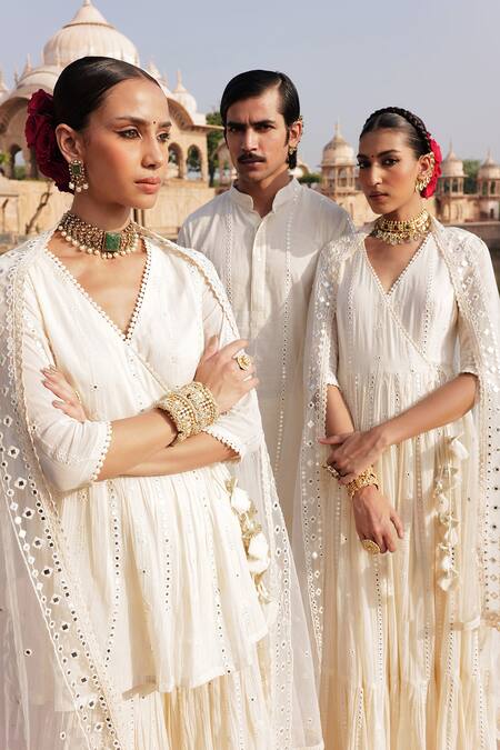 Buy Preevin Off White Tulle, Cotton, Net Lace, Thread Angarkha Anarkali With Dupatta Online at Aza Fashions Buy_Preevin_Off White Tulle, Cotton, Net Lace, Thread Angarkha Anarkali With Dupatta _Online_at_Aza_Fashions