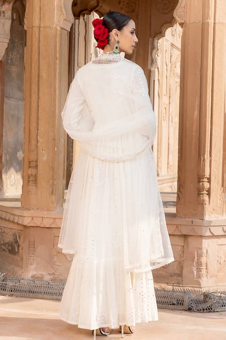 Shop Preevin Off White Tulle, Cotton, Net Lace, Embroidered Angarkha Anarkali With Dupatta at Aza Fashions Shop_Preevin_Off White Tulle, Cotton, Net Lace, Embroidered Angarkha Anarkali With Dupatta _at_Aza_Fashions