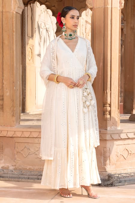 Preevin Off White Tulle, Cotton, Net Lace, Embroidered Angarkha Anarkali With Dupatta Online at Aza Fashions Preevin_Off White Tulle, Cotton, Net Lace, Embroidered Angarkha Anarkali With Dupatta _Online_at_Aza_Fashions