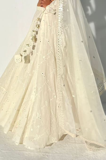 Preevin Off White Cotton, Tulle, Net Embroidery, Lace, Mirrors And Thread Lehenga Set Online at Aza Fashions Preevin_Off White Cotton, Tulle, Net Embroidery, Lace, Mirrors And Thread Lehenga Set _Online_at_Aza_Fashions