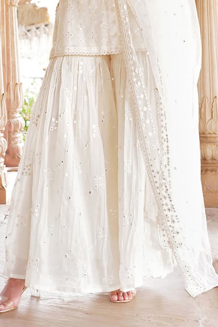 Preevin Off White Tulle, Cotton, Net Lace, Embroidery, Mirrors Thread Kurta Sharara Set Online at Aza Fashions Preevin_Off White Tulle, Cotton, Net Lace, Embroidery, Mirrors Thread Kurta Sharara Set _Online_at_Aza_Fashions