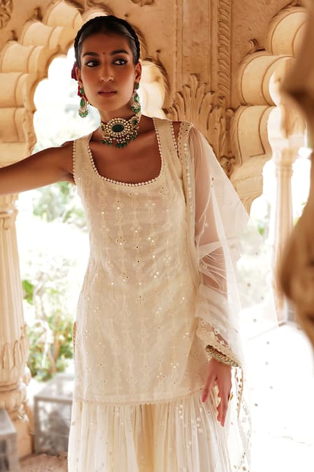 Shop Preevin Off White Tulle, Cotton, Net Lace, Embroidery, Mirrors Thread Kurta Sharara Set Online at Aza Fashions Shop_Preevin_Off White Tulle, Cotton, Net Lace, Embroidery, Mirrors Thread Kurta Sharara Set _Online_at_Aza_Fashions