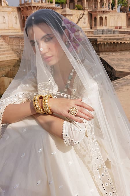 Shop_Preevin_Off White Cotton, Tulle, Net Lace, Embroidery Mirror And Thread Kurta Lehenga Set _Online_at_Aza_Fashions