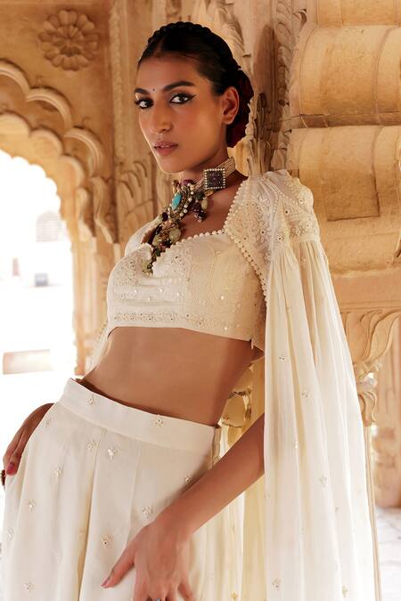 Preevin_Off White Cotton, Tulle, Net Lace, Mirrors, Embroidery Jacket Palazzo Set _Online_at_Aza_Fashions