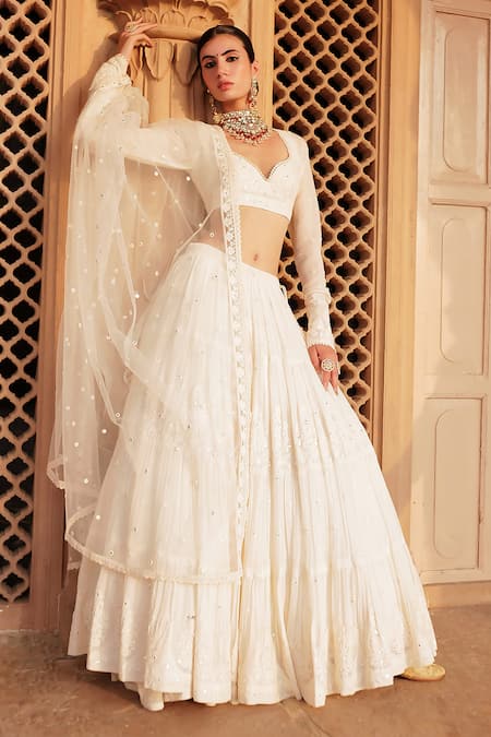 PREEVIN Off White Cotton Mulmul Embroidered Lace V Mirror Tiered Lehenga Set 