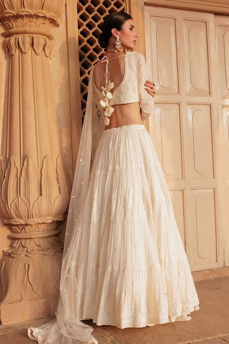 Shop_Preevin_Off White Cotton, Tulle, Net Embroidery, Lace, Mirrors V-neck Tiered Lehenga Set _at_Aza_Fashions
