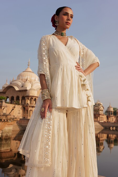 PREEVIN Off White Cotton Mulmul Embroidered Lace V Neck Mirror Angarkha Sharara Set 