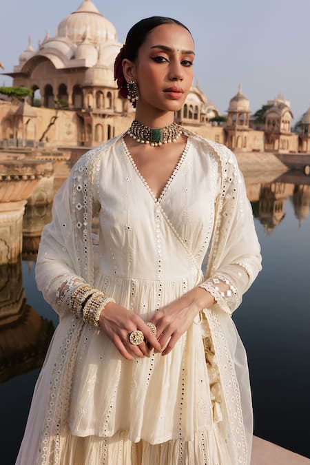 Preevin_Off White Tulle, Cotton, Net Lace, Mirrors Embroidered Angarkha Sharara Set _Online_at_Aza_Fashions