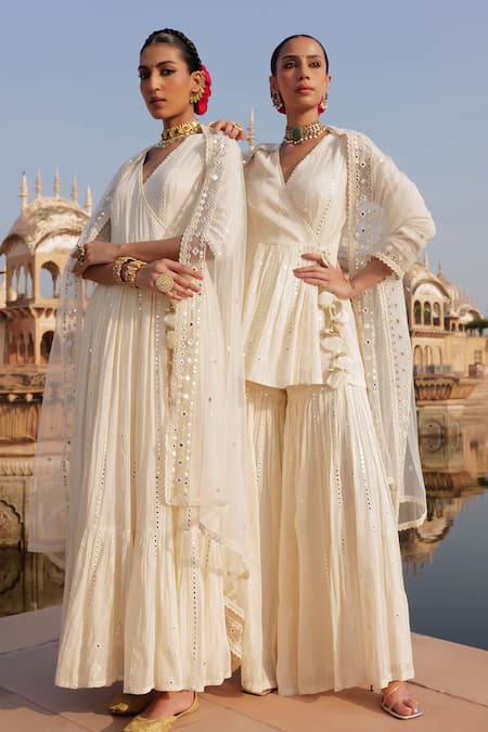 Buy_Preevin_Off White Tulle, Cotton, Net Lace, Mirrors Embroidered Angarkha Sharara Set _Online_at_Aza_Fashions