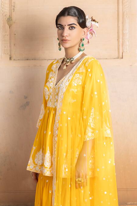 Preevin_Orange Cotton, Tulle, Net Lace, Mirrors, Sequins, Peplum Kurta Sharara Set _Online_at_Aza_Fashions