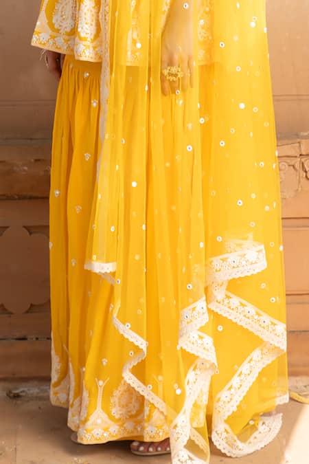 Buy_Preevin_Orange Cotton, Tulle, Net Lace, Mirrors, Sequins, Peplum Kurta Sharara Set _Online_at_Aza_Fashions