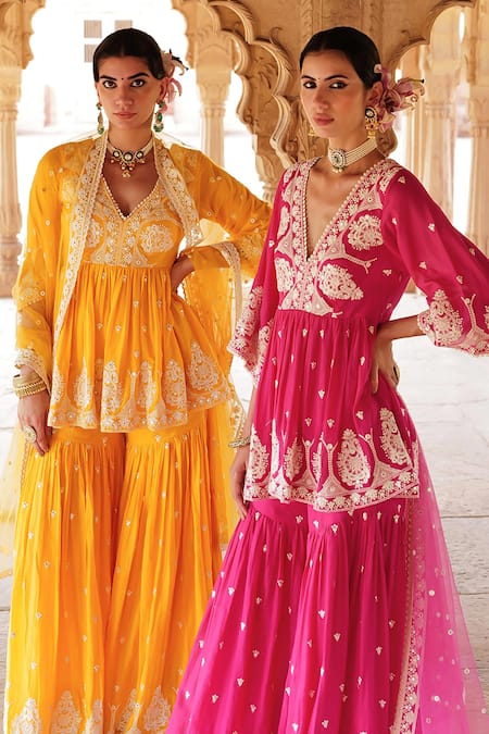 Shop_Preevin_Orange Cotton, Tulle, Net Lace, Mirrors, Sequins, Peplum Kurta Sharara Set _Online_at_Aza_Fashions