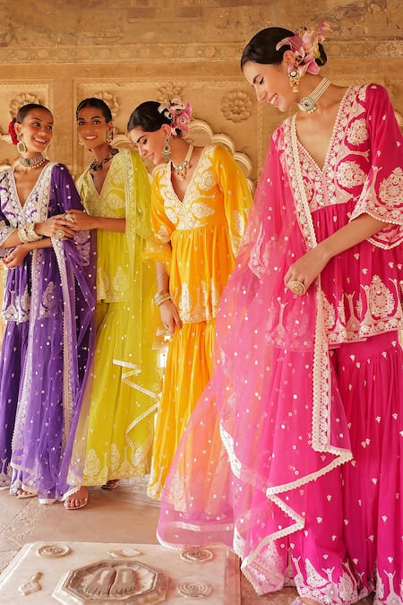 Preevin_Orange Cotton, Tulle, Net Lace, Mirrors, Sequins, Peplum Kurta Sharara Set _at_Aza_Fashions