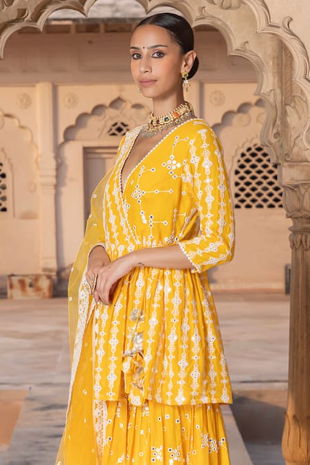 Preevin Orange Tulle, Cotton, Net Lace, Embroidery, Thread Work Angarkha Sharara Set Online at Aza Fashions Preevin_Orange Tulle, Cotton, Net Lace, Embroidery, Thread Work Angarkha Sharara Set _Online_at_Aza_Fashions