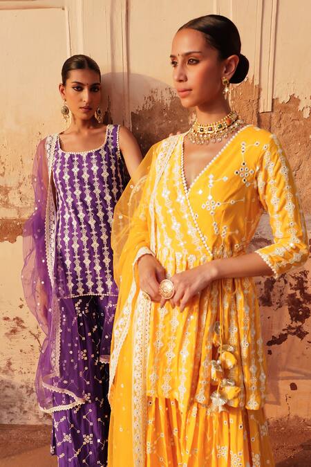 Shop Preevin Orange Tulle, Cotton, Net Lace, Embroidery, Thread Work Angarkha Sharara Set Online at Aza Fashions Shop_Preevin_Orange Tulle, Cotton, Net Lace, Embroidery, Thread Work Angarkha Sharara Set _Online_at_Aza_Fashions