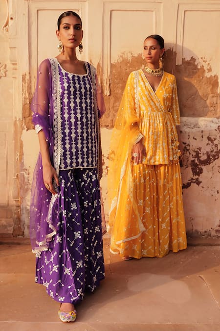 Preevin Orange Tulle, Cotton, Net Lace, Embroidery, Thread Work Angarkha Sharara Set at Aza Fashions Preevin_Orange Tulle, Cotton, Net Lace, Embroidery, Thread Work Angarkha Sharara Set _at_Aza_Fashions