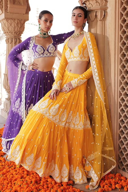 Preevin Yellow Cotton, Net, Tulle Lace, Embroidery, Mirrors Thread Tiered Lehenga Set Online at Aza Fashions Preevin_Yellow Cotton, Net, Tulle Lace, Embroidery, Mirrors Thread Tiered Lehenga Set _Online_at_Aza_Fashions