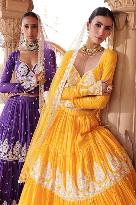 Buy Preevin Yellow Cotton, Net, Tulle Lace, Embroidery, Mirrors Thread Tiered Lehenga Set Online at Aza Fashions Buy_Preevin_Yellow Cotton, Net, Tulle Lace, Embroidery, Mirrors Thread Tiered Lehenga Set _Online_at_Aza_Fashions
